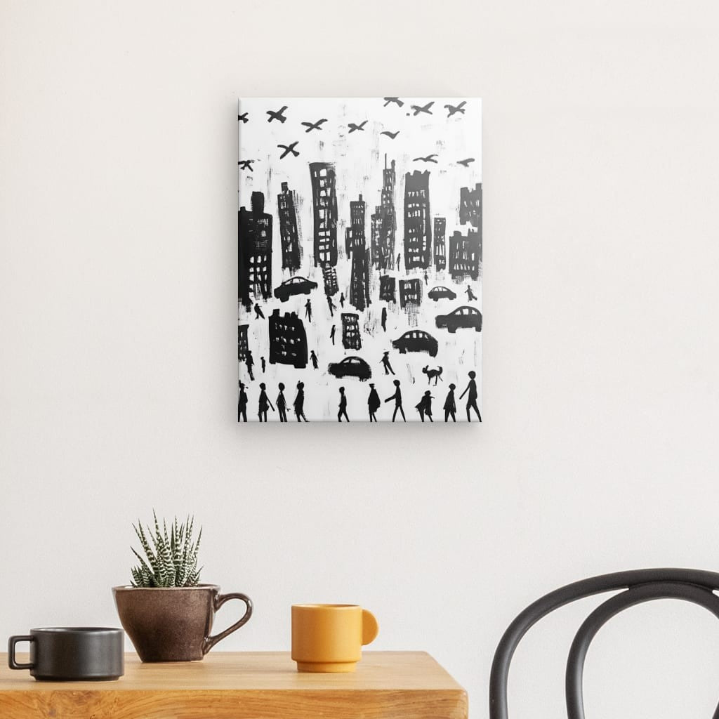 Tableau dessin enfant ville noir et blanc