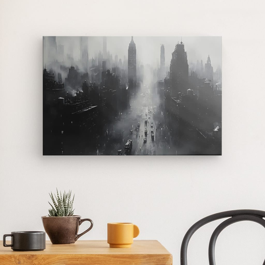 Tableau New-York brume peinture monochrome Univers Noir et Blanc