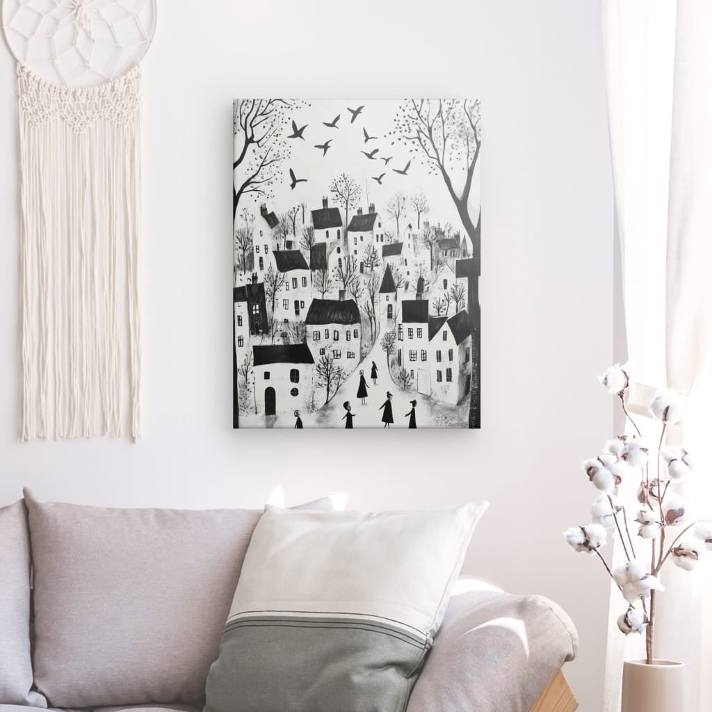 Tableau village art naïf noir et blanc Univers Noir et Blanc