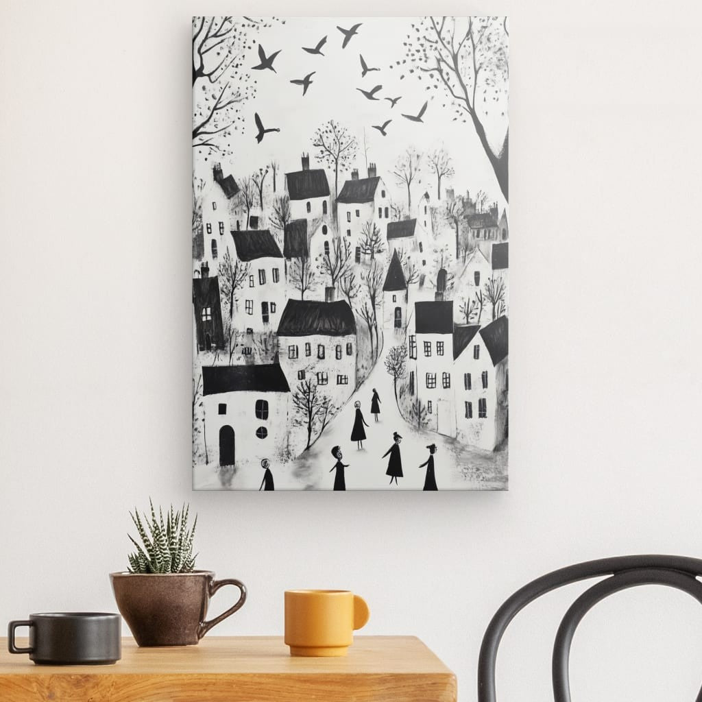 Tableau village art naïf noir et blanc Univers Noir et Blanc