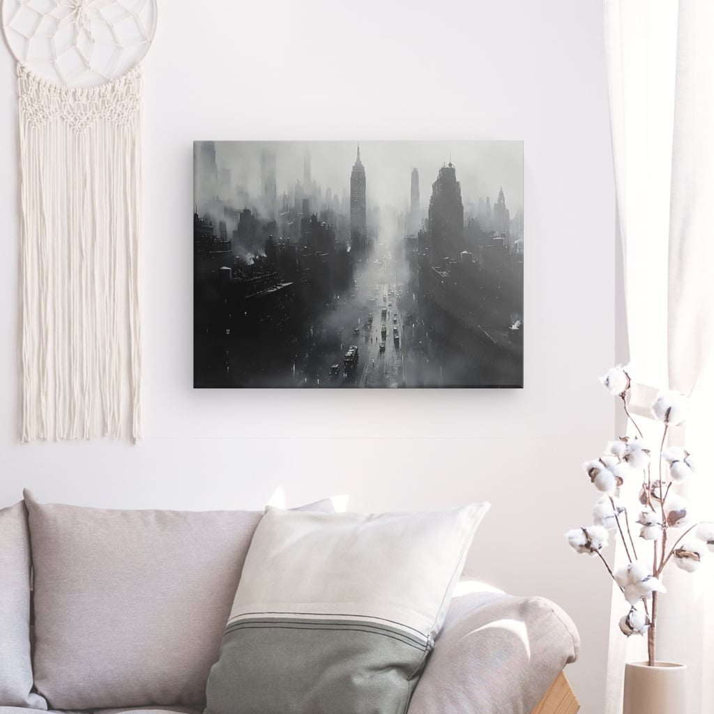 Tableau New-York brume peinture monochrome Univers Noir et Blanc