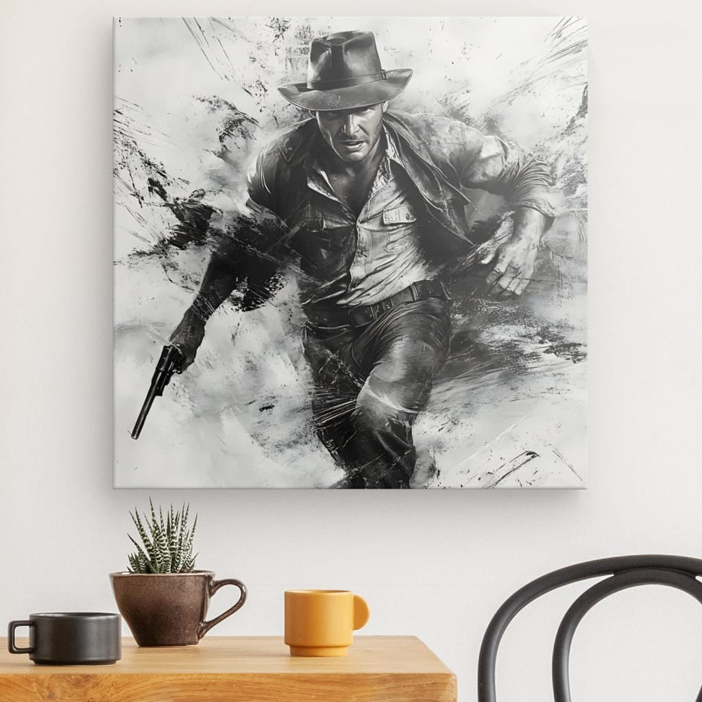 Tableau Indiana Jones dessin réaliste noir et blanc Univers Noir et Blanc