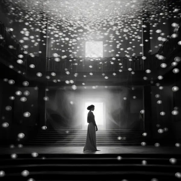 Tableau Danse Magique Femme Scène Lumineuse Flocons Noir et Blanc - #tag1# - #tag2#
