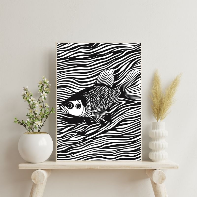 Tableau Dessin Poisson Rétro Noir et Blanc