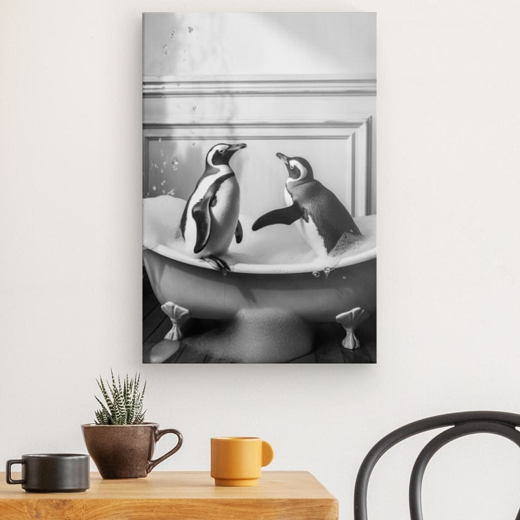 Tableau Pingouins Salle de Bain Baignoire Portrait Animaux Noir et Blanc - #tag1# - #tag2#