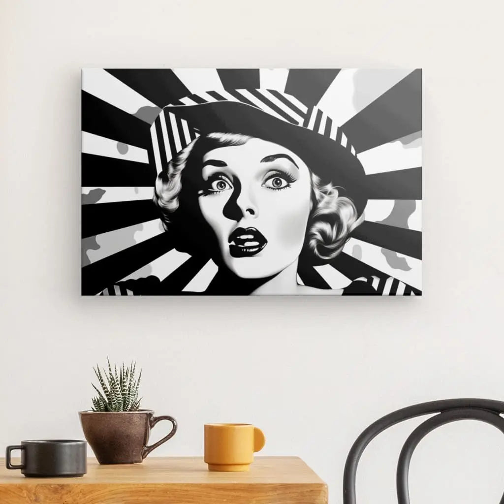 Tableau Portrait Femme Surprise Noir et Blanc Pop Art Monochrome