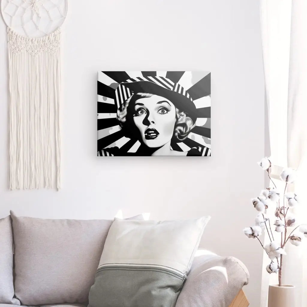 Tableau Portrait Femme Surprise Noir et Blanc Pop Art Monochrome