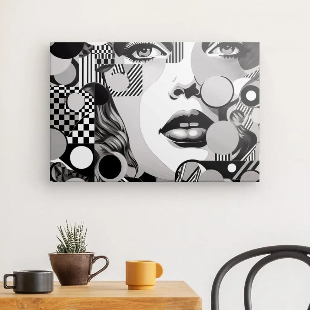 Tableau Portrait Dessiné Pop Art Années 1980 Noir et Blanc - #tag1# - #tag2#