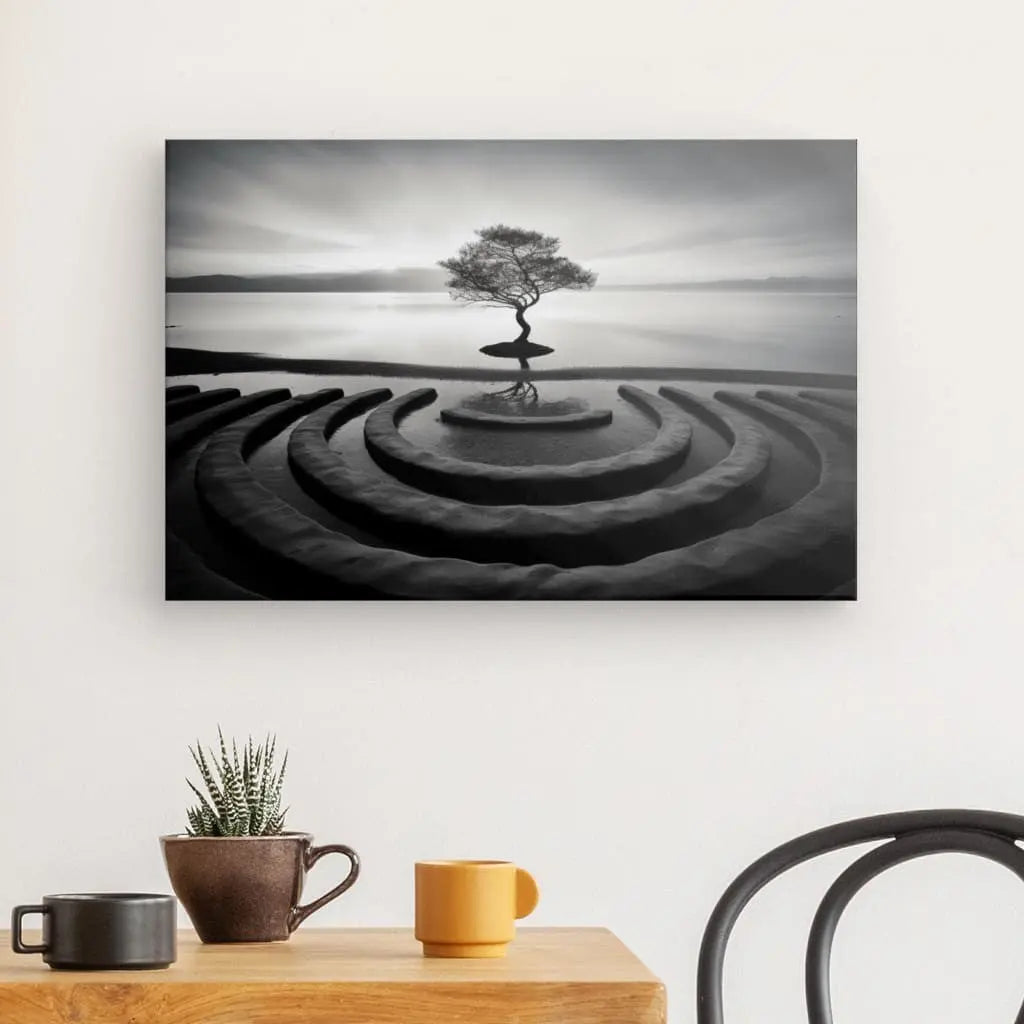 Tableau Paysage Zen Arbre Calme Photo Noir et Blanc Univers Noir