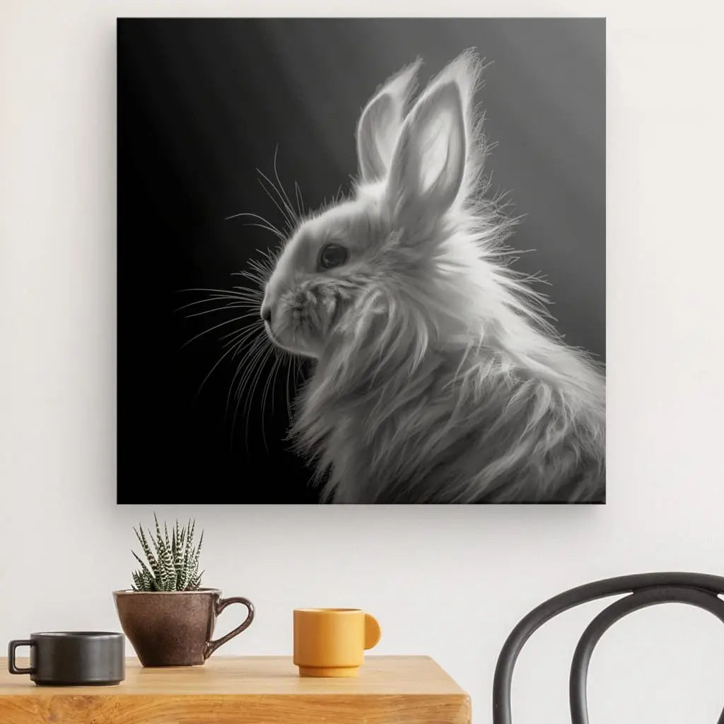 Tableau Lapin Lion Angora Portrait Animal Poilu Mignon Noir et Blanc - #tag1# - #tag2#