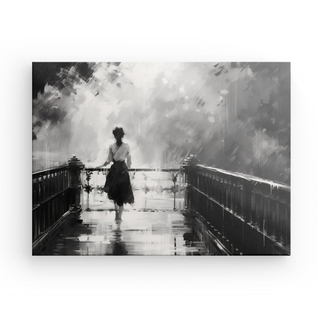 Tableau Peinture Femme Marche dans un Parc Gouache Noir et Blanc - #tag1# - #tag2#