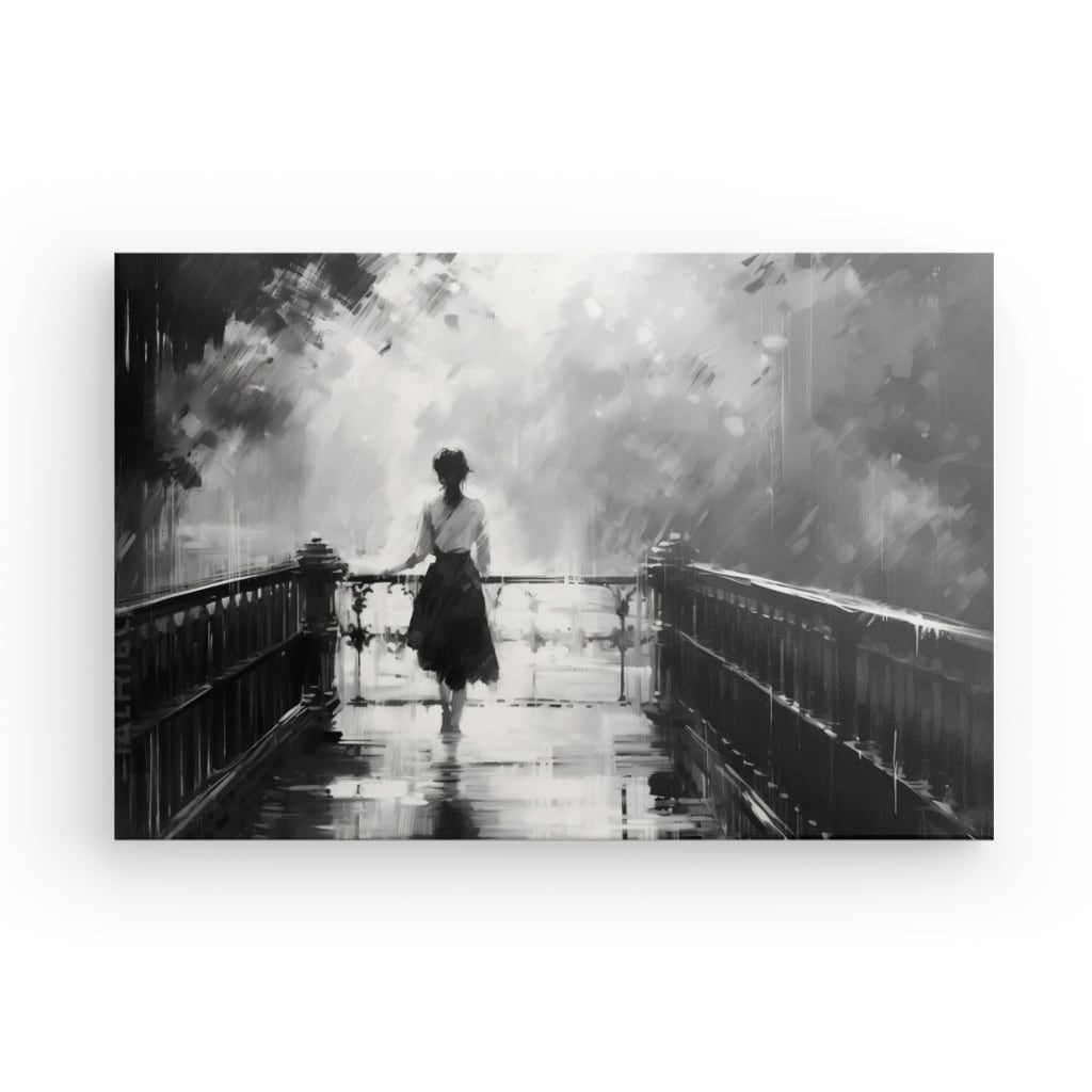 Tableau Peinture Femme Marche dans un Parc Gouache Noir et Blanc - #tag1# - #tag2#
