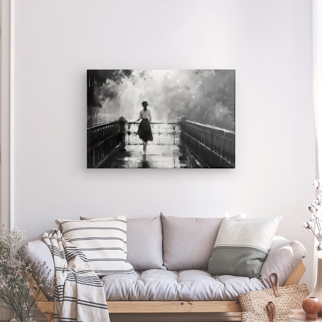 Tableau Peinture Femme Marche dans un Parc Gouache Noir et Blanc - #tag1# - #tag2#