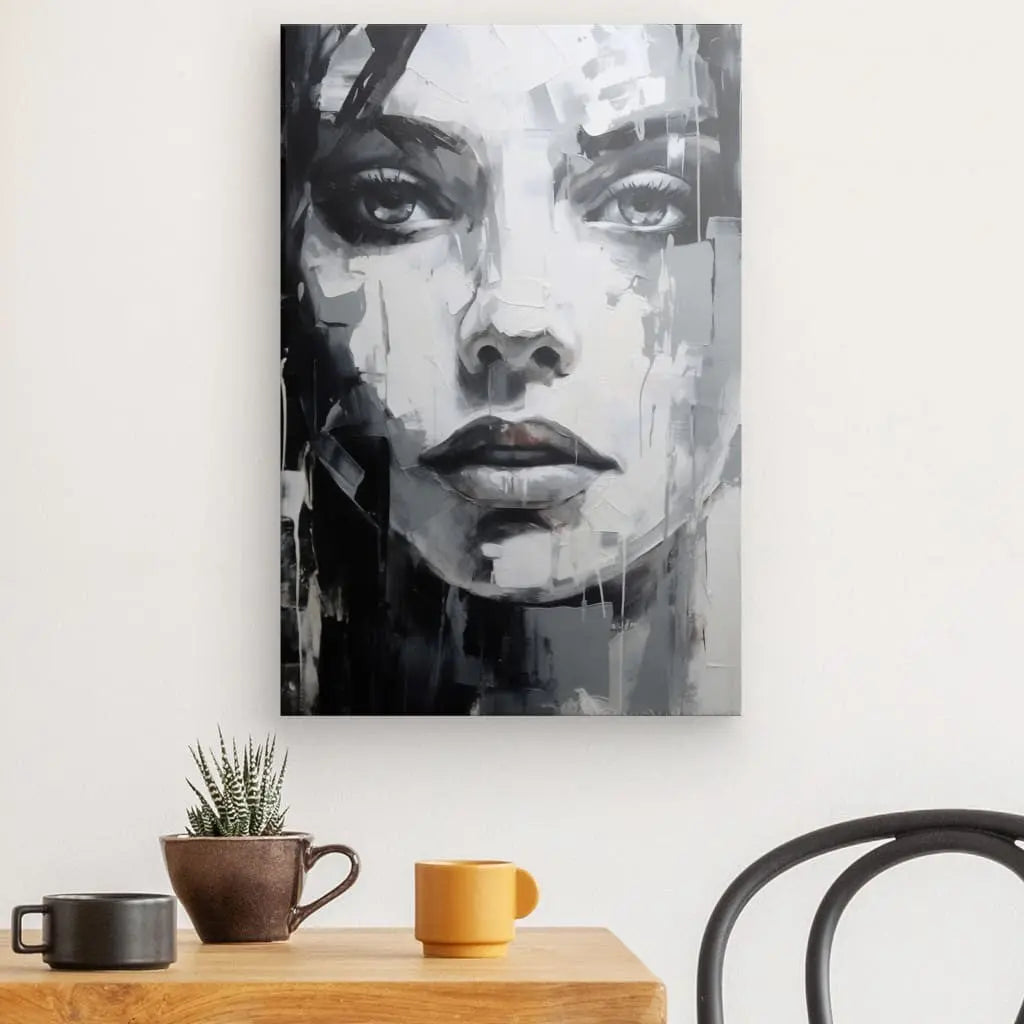 Portrait Visage Femme Peinture Moderne Art Noir et Blanc Univers