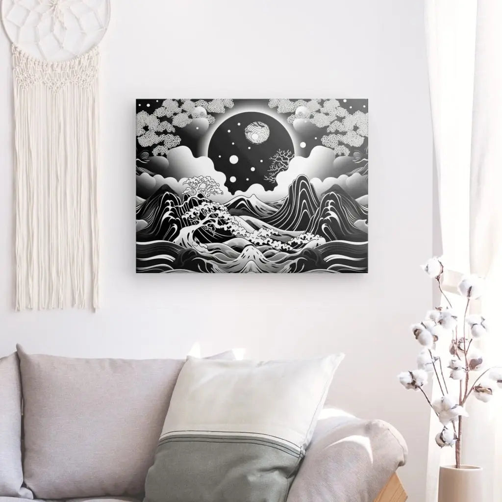 Tableau Paysage Dessin Noir et Blanc Style Asiatique Monochrome - #tag1# - #tag2#