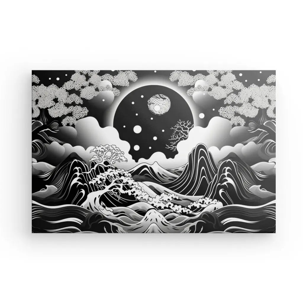 Tableau Paysage Dessin Noir et Blanc Style Asiatique Monochrome - #tag1# - #tag2#