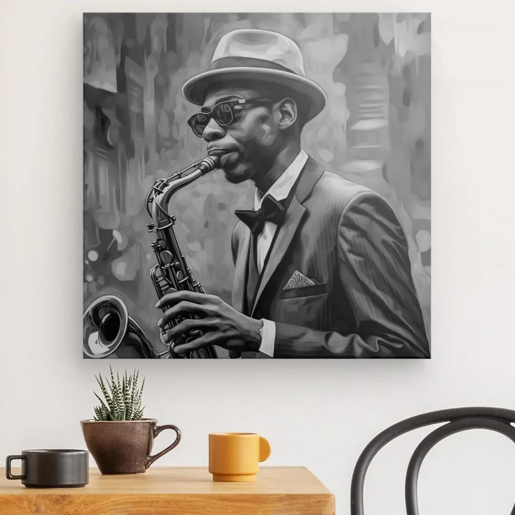 Tableau Musicien Jazz Saxophone Peinture Noir et Blanc Univers