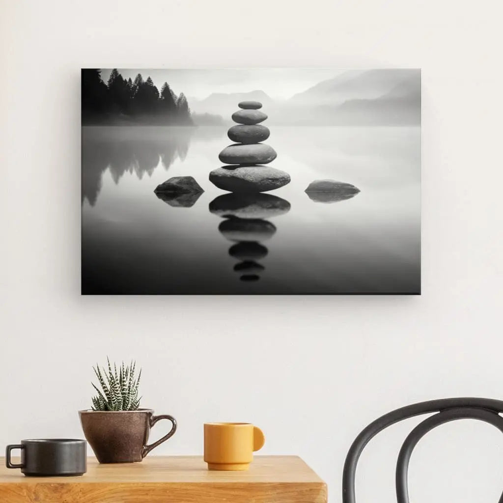 Tableau Stone Stacking Pierres Zen Cairns Noir et Blanc