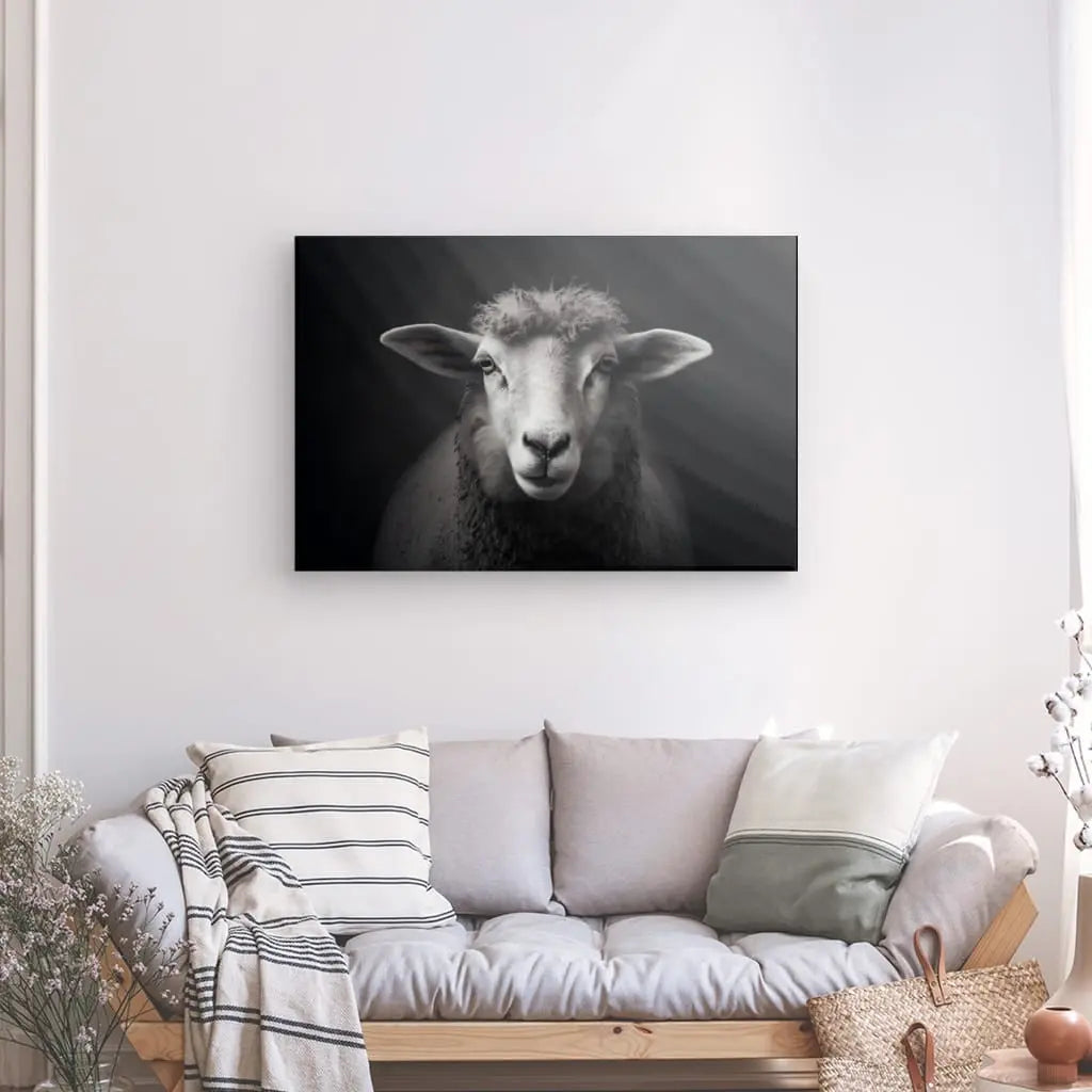 Tableau Portrait Mouton Brebis Prairie Noir et Blanc - #tag1# - #tag2#