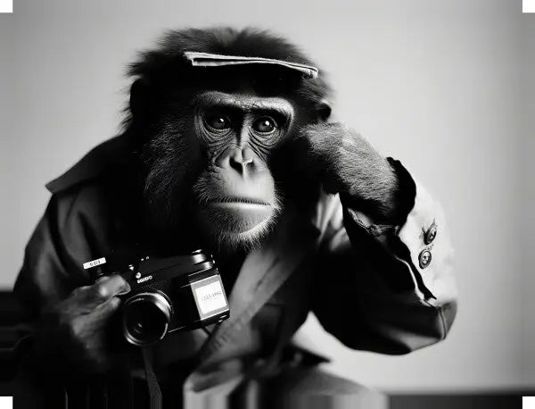 Tableau Singe Habillé Drôle Photographe Noir et Blanc - #tag1# - #tag2#