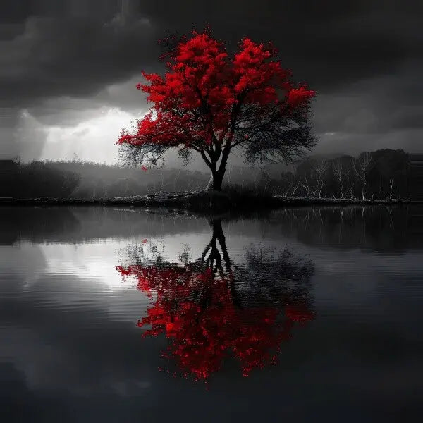 Tableau Paysage Noir et Blanc Arbre Rouge - #tag1# - #tag2#