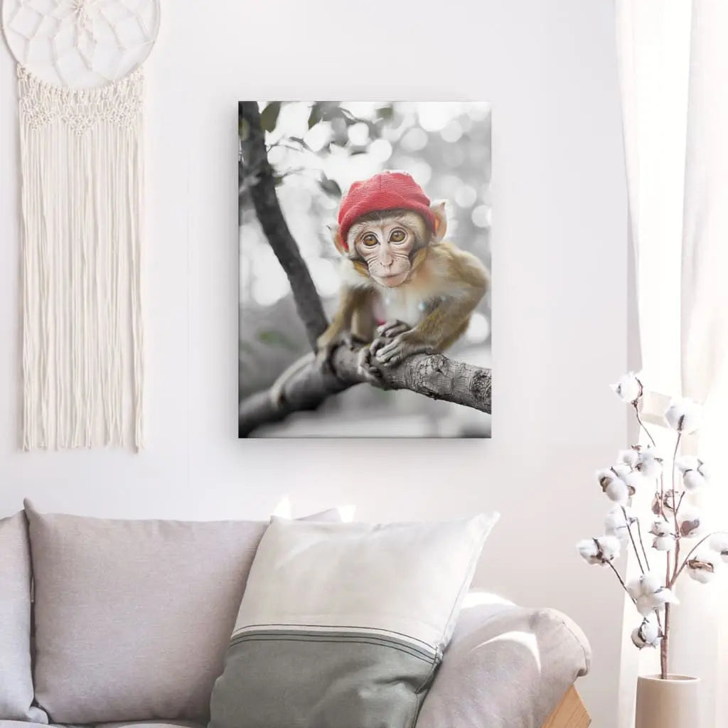 Tableau Singe Marrant Bonnet Rouge Noir et Blanc - #tag1# - #tag2#