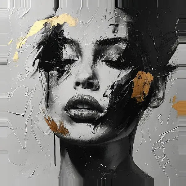 Tableau Visage Peint Femme Noir Blanc et Doré - #tag1# - #tag2#