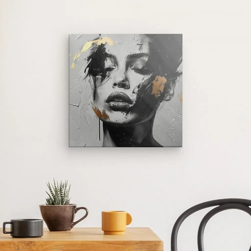 Tableau Visage Peint Femme Noir Blanc et Doré - #tag1# - #tag2#
