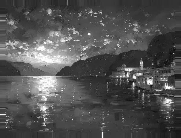 Tableau Peinture Lac et Montagnes Noir et Blanc - #tag1# - #tag2#