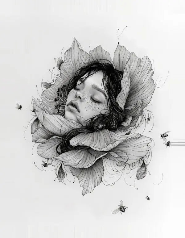 Tableau Dessin Visage Fleur et Abeilles Noir et Blanc - #tag1# - #tag2#