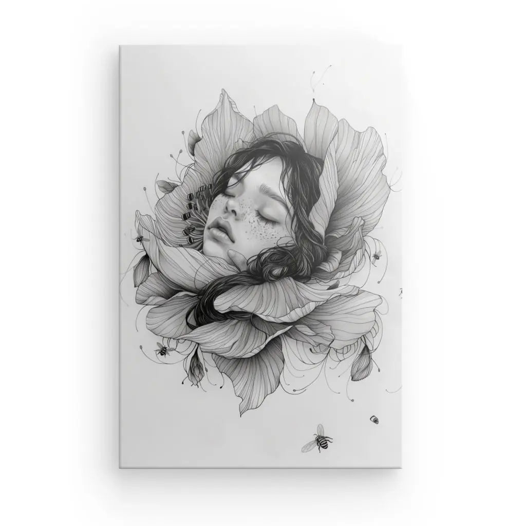 Tableau Dessin Visage Fleur et Abeilles Noir et Blanc - #tag1# - #tag2#