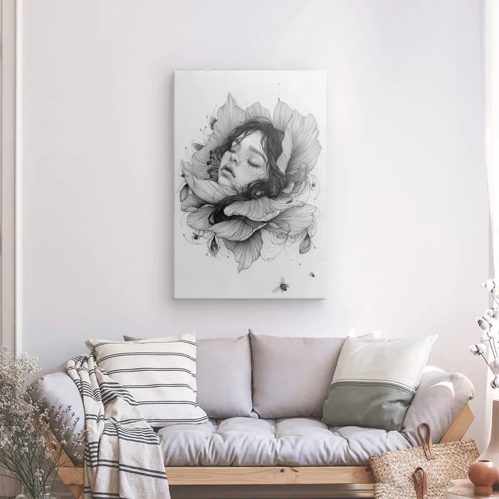 Tableau Dessin Visage Fleur et Abeilles Noir et Blanc - #tag1# - #tag2#