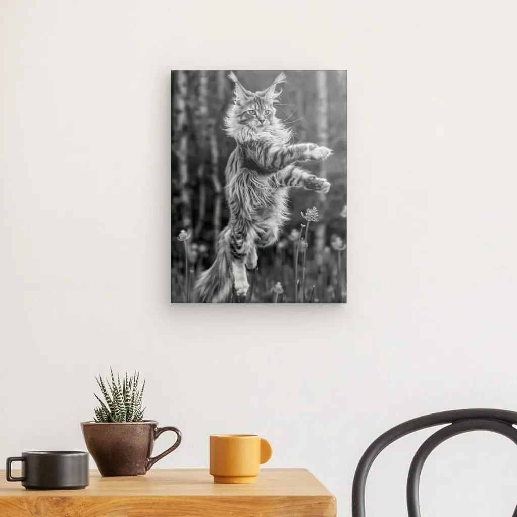 Tableau Photo Chat Géant Maine Coon Saut Noir et Blanc - #tag1# - #tag2#
