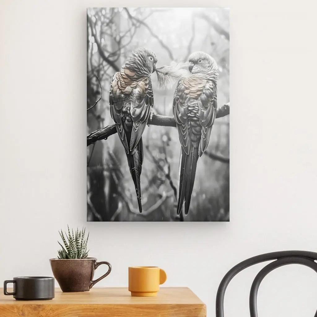 Tableau Perruches Inséparables Branche Monochrome Rosé - #tag1# - #tag2#