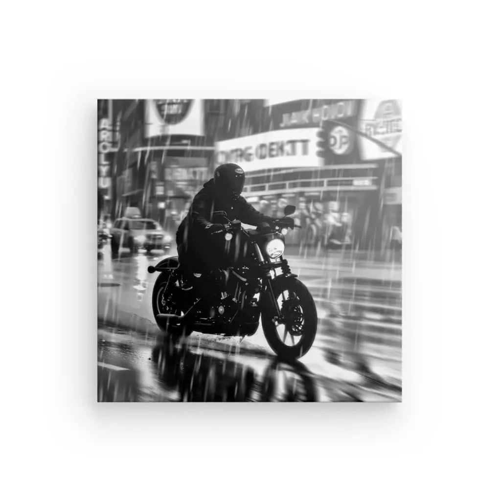 Tableau Motard Ville Pluvieuse Nuit Noir et Blanc - #tag1# - #tag2#