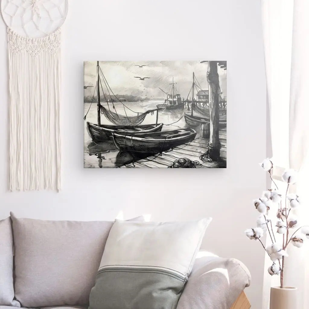 Tableau Dessin Bateaux Ponton Noir et Blanc - #tag1# - #tag2#