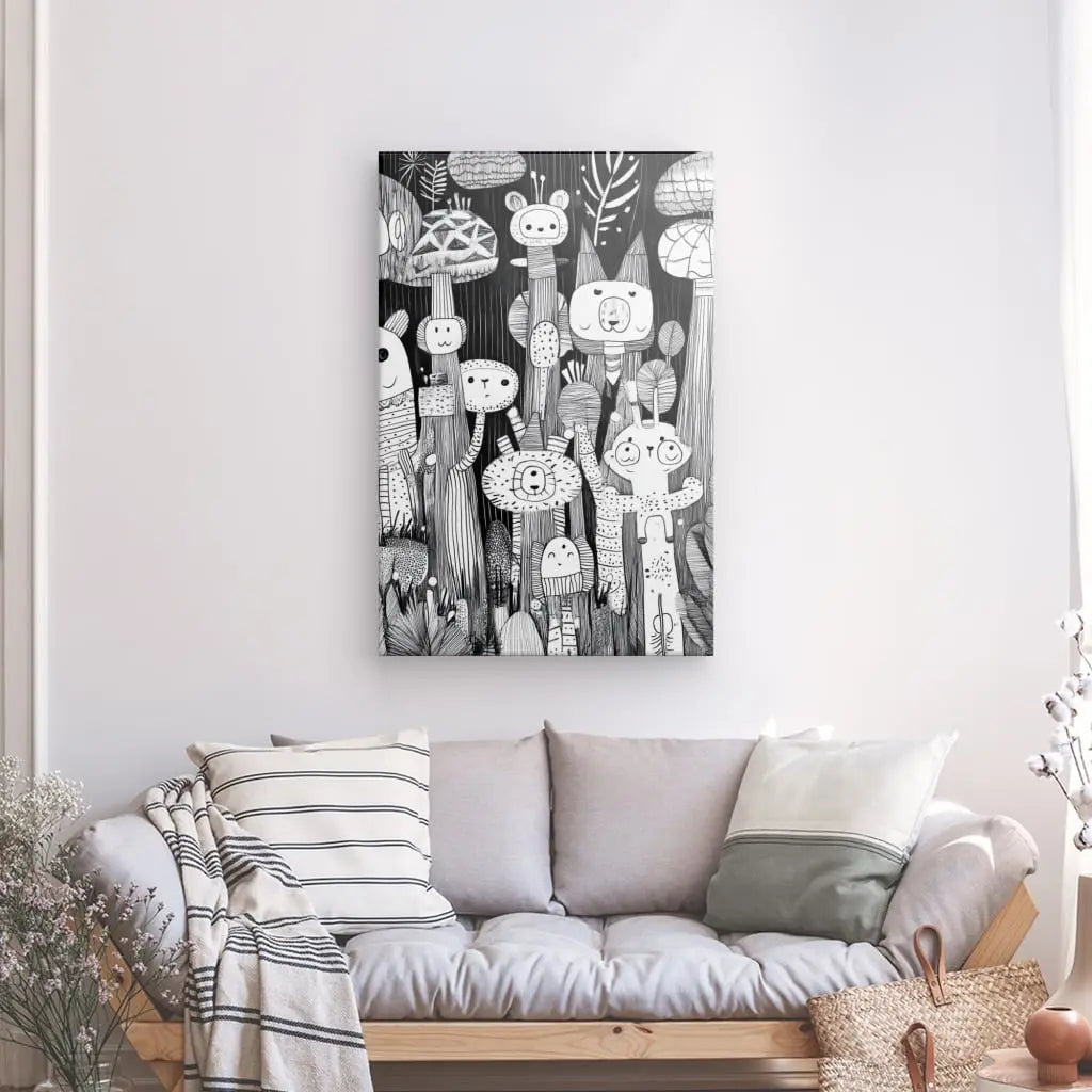 Tableau Dessin Enfant Noir et Blanc Art Naïf - #tag1# - #tag2#