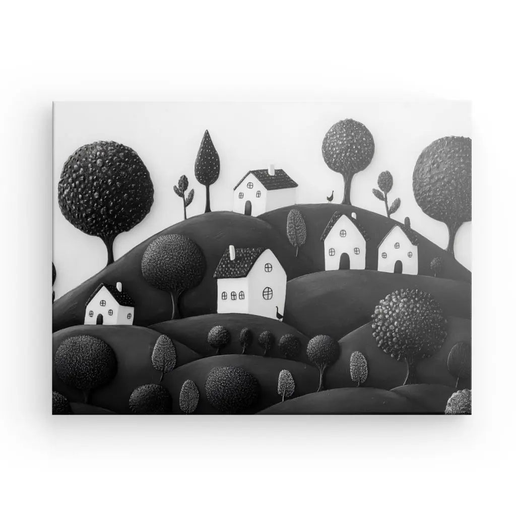 Tableau Paysage Enfantin Art Naïf Monochrome - #tag1# - #tag2#