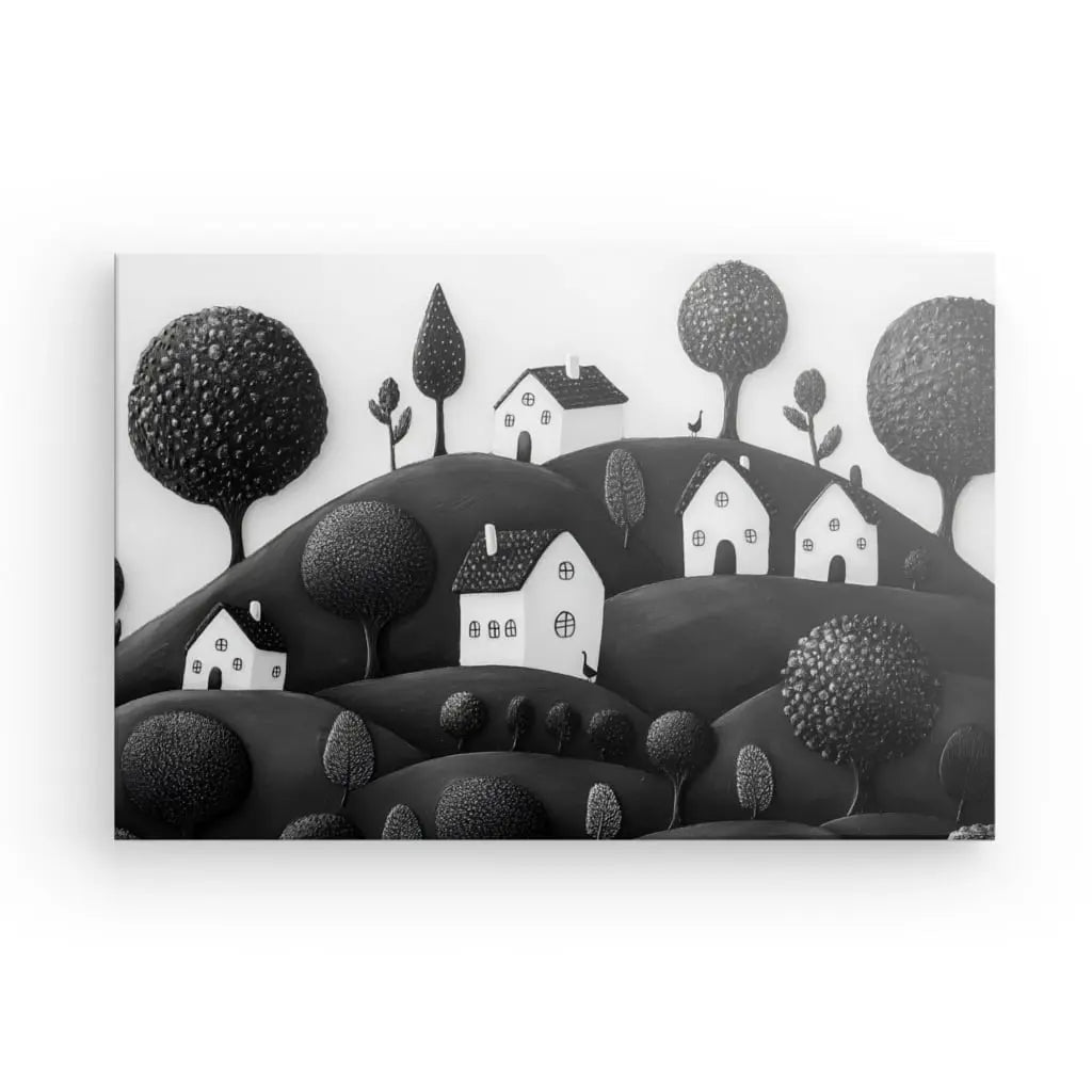 Tableau Paysage Enfantin Art Naïf Monochrome - #tag1# - #tag2#