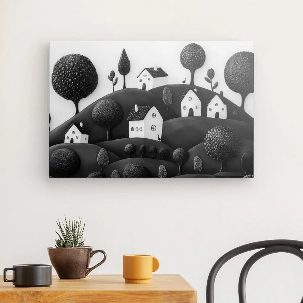 Tableau Paysage Enfantin Art Naïf Monochrome - #tag1# - #tag2#