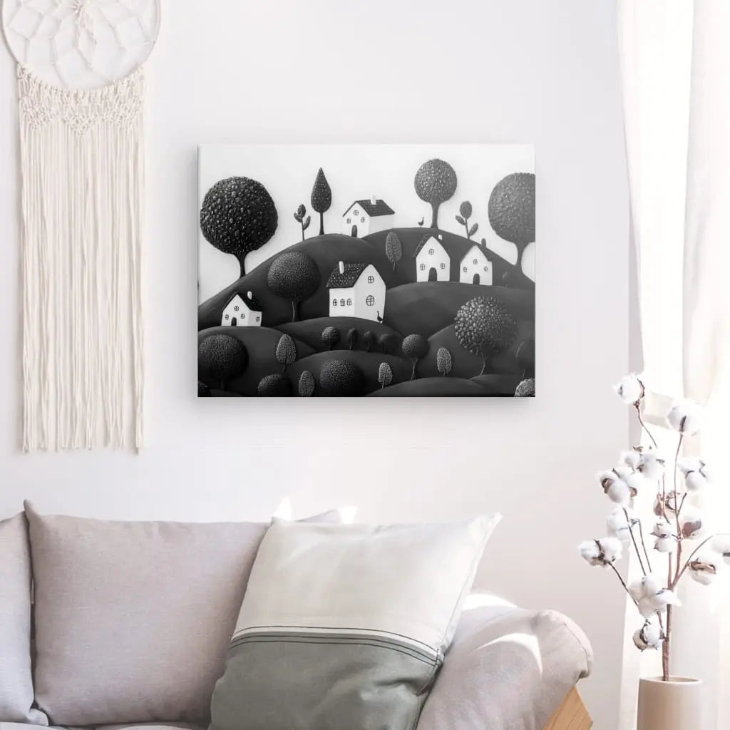 Tableau Paysage Enfantin Art Naïf Monochrome - #tag1# - #tag2#