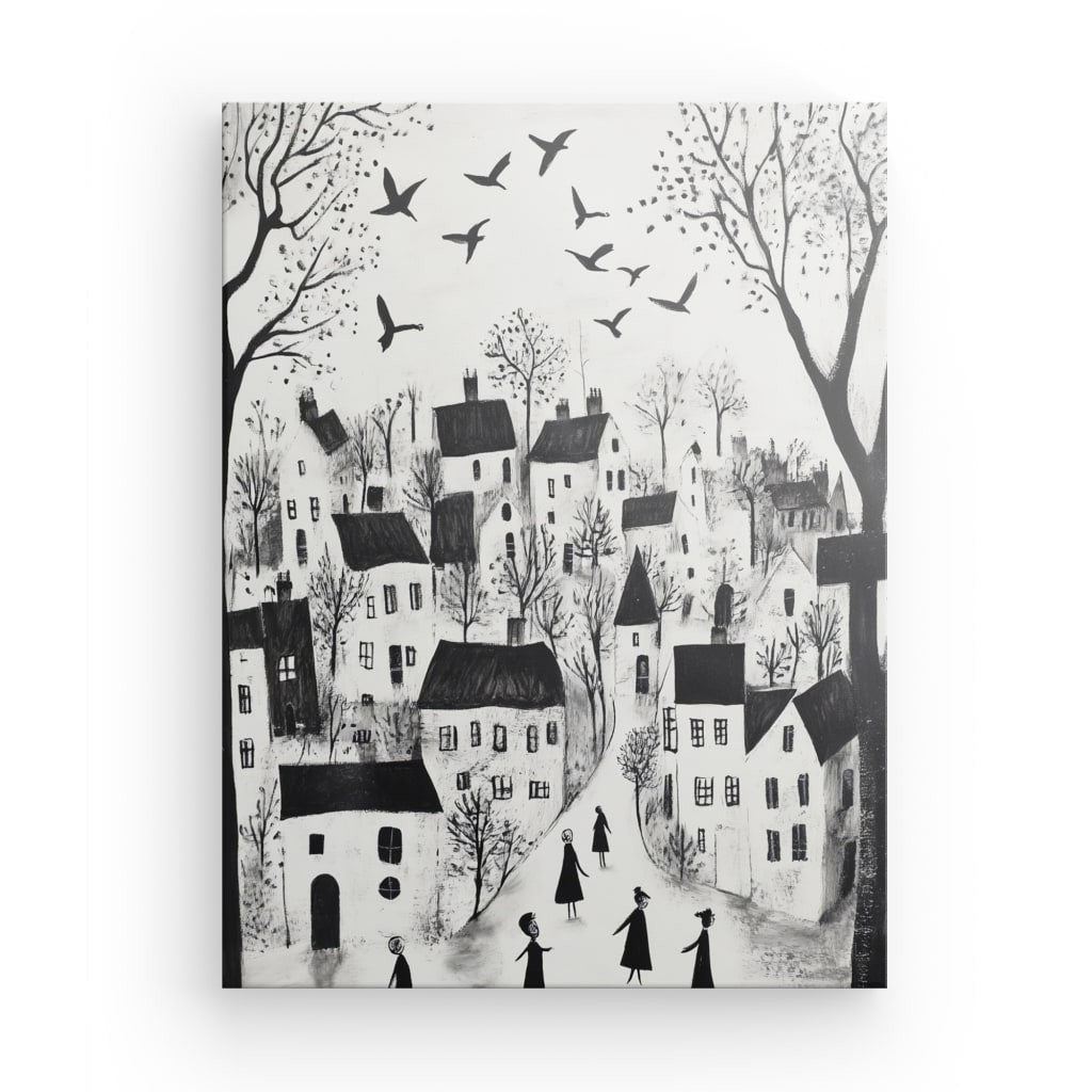 Tableau village art naïf noir et blanc