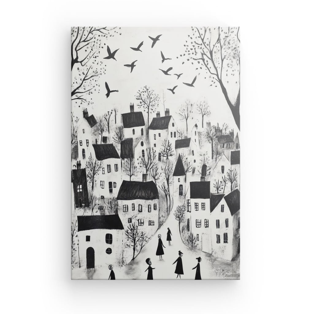 Tableau village art naïf noir et blanc