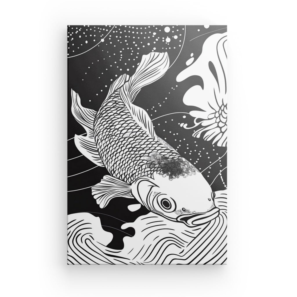 Tableau Carpe Koï Dessin Asiatique Monochrome