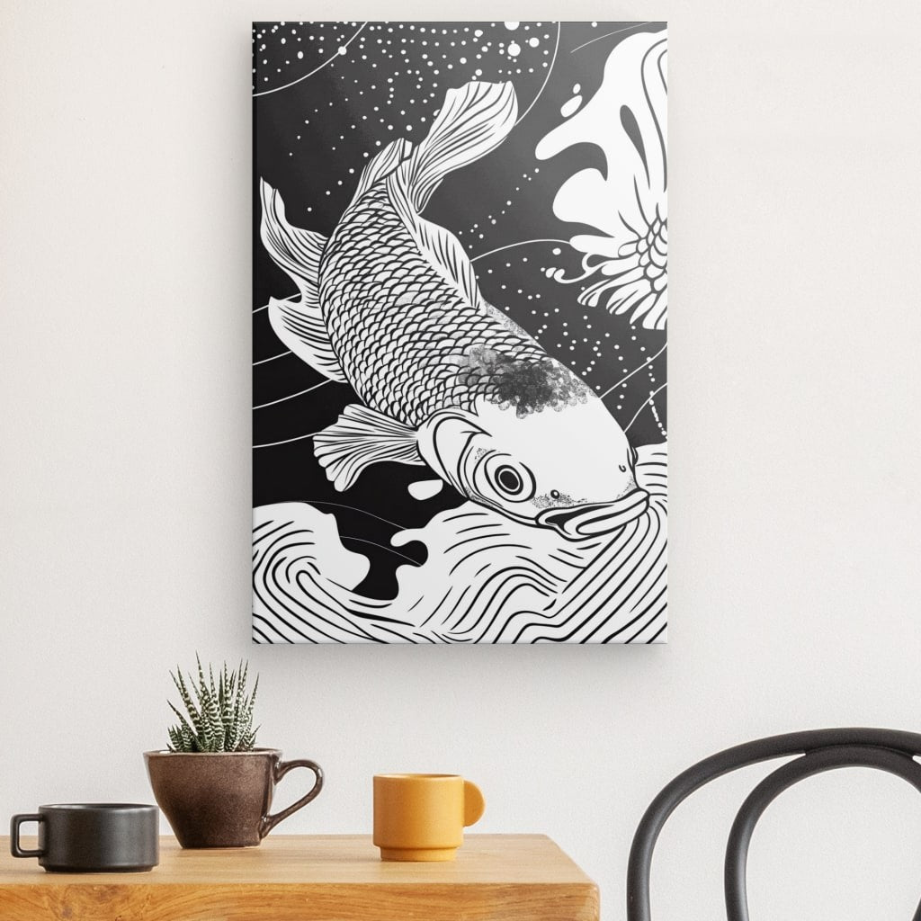 Tableau Carpe Koï Dessin Asiatique Monochrome