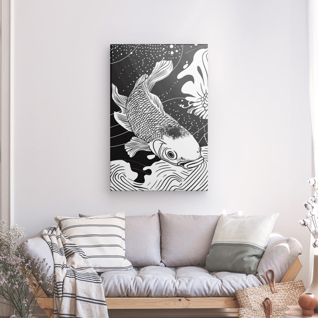 Tableau Carpe Koï Dessin Asiatique Monochrome