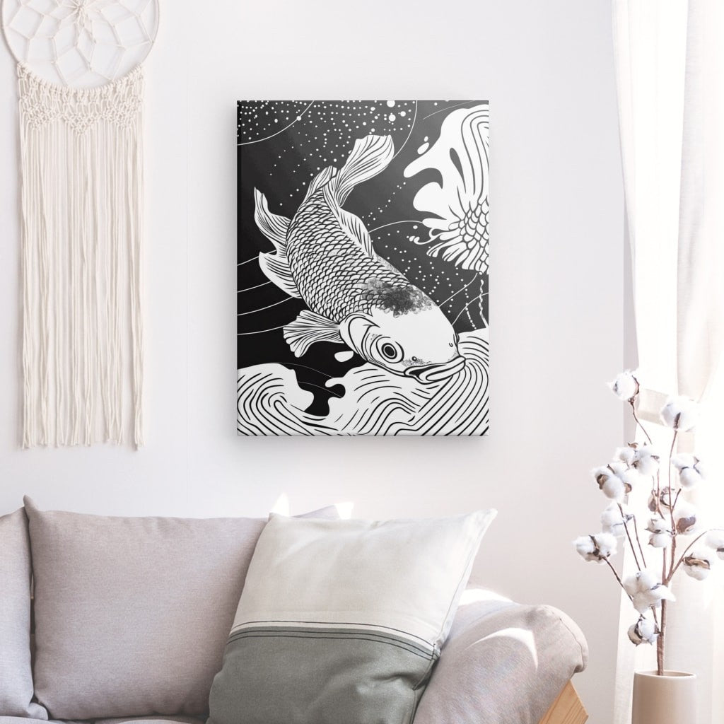 Tableau Carpe Koï Dessin Asiatique Monochrome