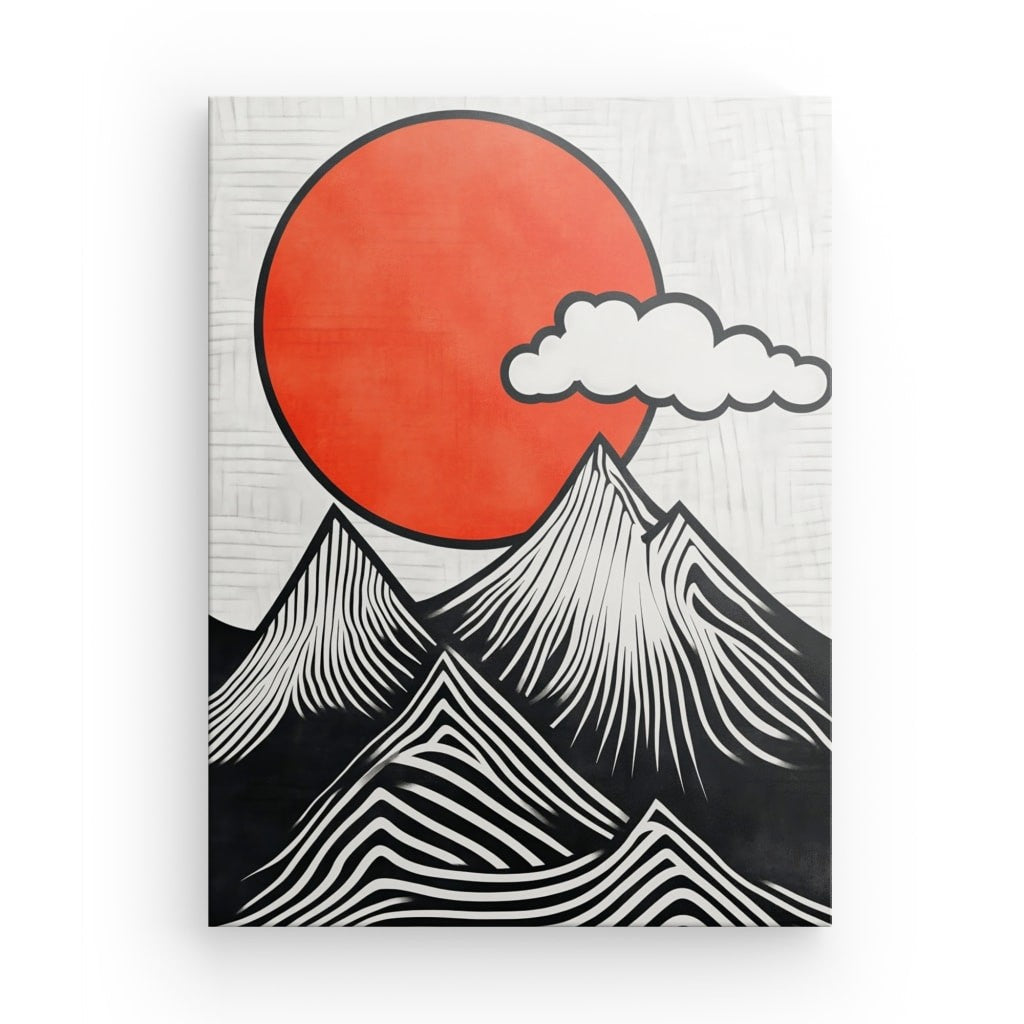 Tableau montagne coucher de soleil orange noir et blanc