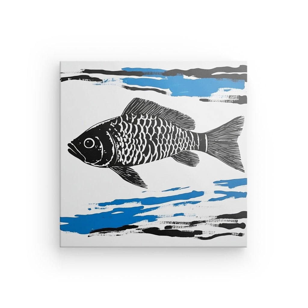 Tableau dessin poisson noiur et blanc touche de bleu