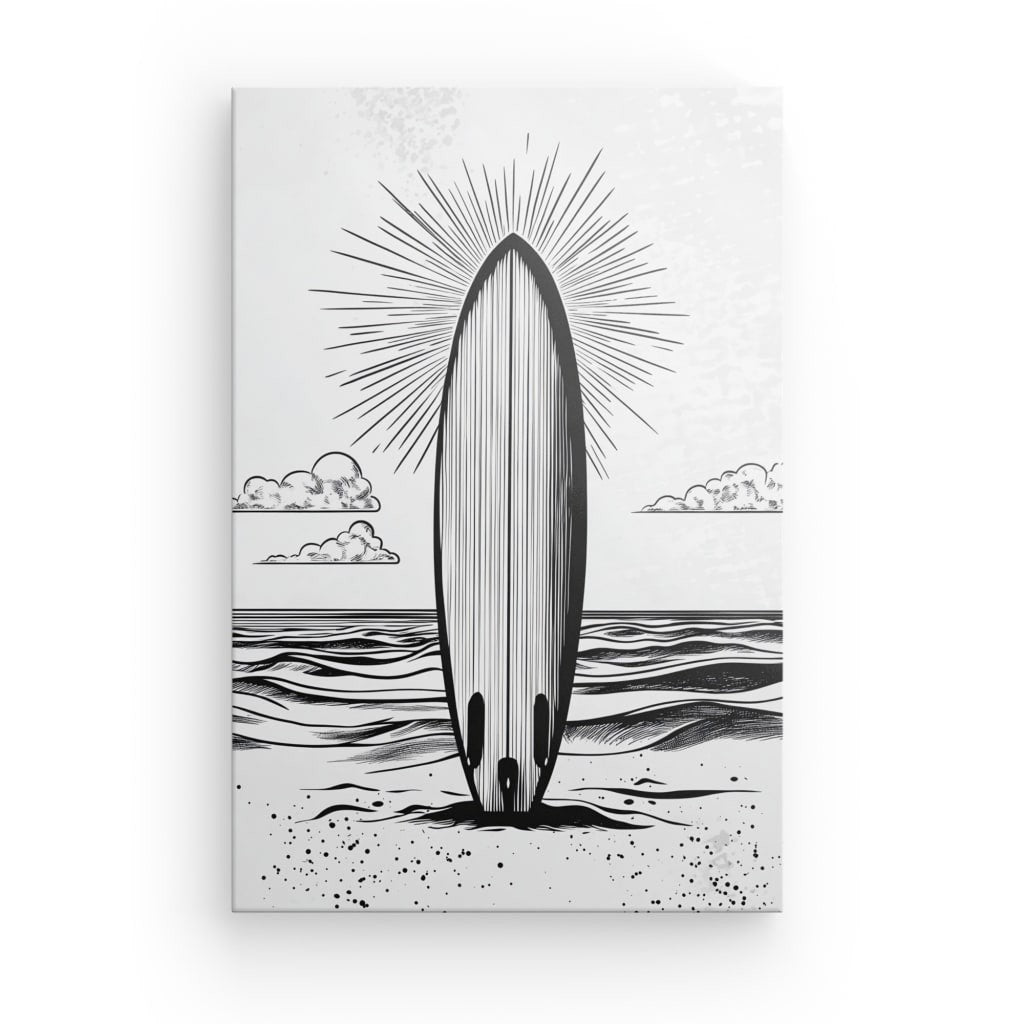 Tableau planche surf plage dessin noir et blanc